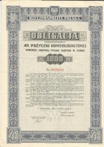 Obligacja Pożyczki Konsolidacyjnej 1000 Złotych w Złocie 1936