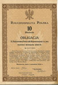 Obligacja Pożyczki Konwersyjnej 10 zł Władysław Grabski 1924
