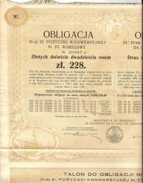 6% Obligacja Pożyczki Konwersyjnej M. St. Warszawy 228 zł 1930