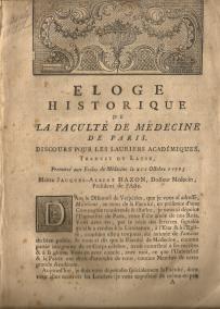 243. HAZON Jacques-Albert, Eloge historique de la Faculté de Médecine de Paris. Discours pour les lauriers académiques (…). 1773