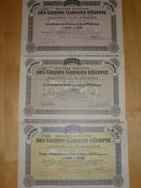 264. ZBIÓR 3 papierów wartościowych „Wielkie Garaże Egiptu”. 1906