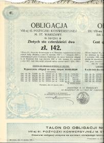 6% Obligacja Pożyczki Konwersyjnej M. St. Warszawy 142 zł 1930