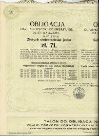 6% Obligacja Pożyczki Konwersyjnej M. St. Warszawy 71 zł 1930