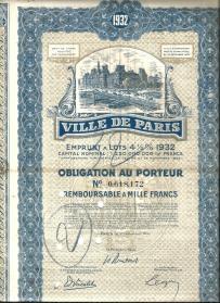 Obligacja Miasta Paryża 1000 Franków 1932