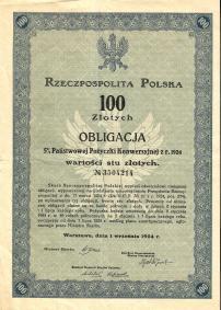 Obligacja Pożyczki Konwersyjnej 100 zł Władysław Grabski 1924