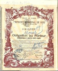 Obligacja Miasta Paryża 1892-1896 400 Franków