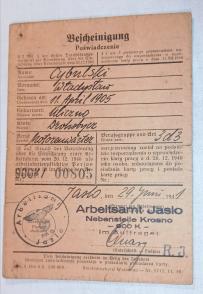Poświadczenie Karty Pracy Arbeitsamt w Jaśle 1941
