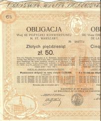 6% Obligacja Pożyczki Konwersyjnej M. St. Warszawy 50 zł 1926
