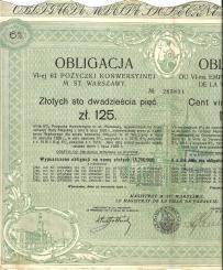 6% Obligacja Pożyczki Konwersyjnej M. St. Warszawy 125 zł 1926