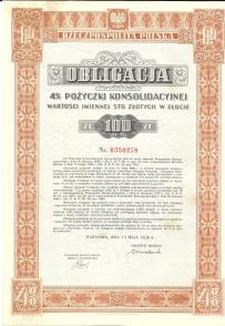 Obligacja Pożyczki Konsolidacyjnej 100 Złotych w Złocie 1936