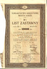 Towarzystwo Kredytowe Miejskie w Łodzi 1000 zł 1933